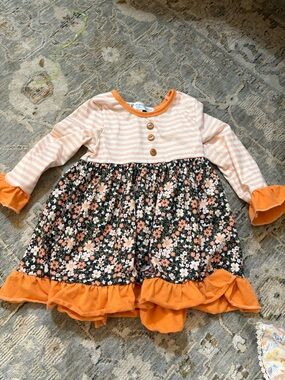 Girls Peach-Black Floral Ruffle Knit Dress